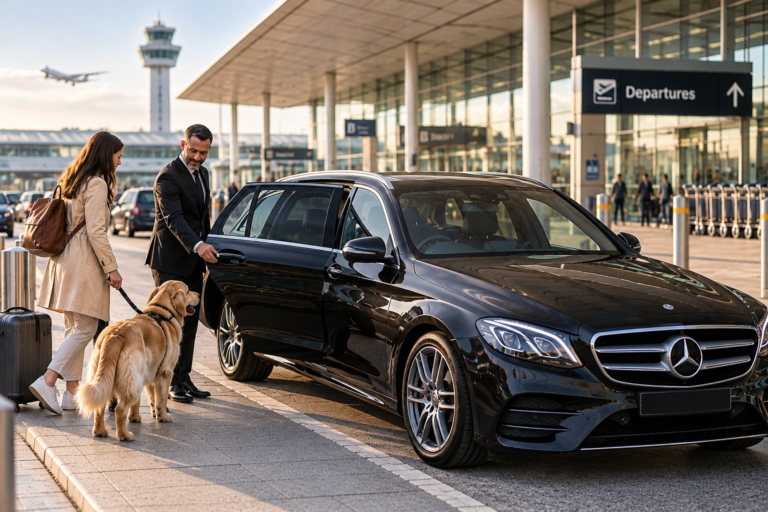 Chauffeur opening the door of a black Mercedes E-Class for a woman and her golden retriever outside an airport terminal